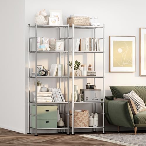Sakugi Storage Shelves - Set of 2, 5-Tier Metal Shelf Organizer, Space-Saving Garage Shelving with Leveling Feet, Standing Shelves Organizer for Kitchen, Laundry, Pantry (18.4"x12.6"x57.4", Silver)