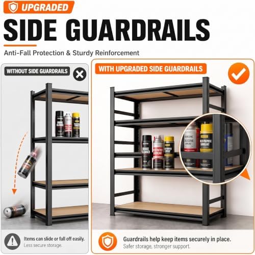 Wood Garage Shelving, Heavy Duty Storage Shelves with Anti-Fall Rails