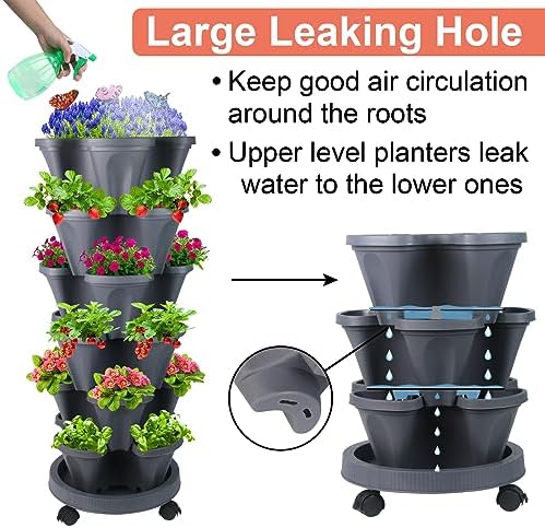 GameXcel Vertical Planter Tower - 6 Tier Stackable Garden Planters with Wheels and Garden Tool Set Plant Pots for Strawberry Herb Flower and Vegetable Indoor Outdoor Use Dark Gray