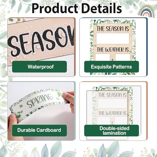 Eucalyptus Leaves Season and Weather Calendar Bulletin Board Season Calendar Posters with Weather Cards Hook and Loop Dots for Classroom Wall Decor Preschool Kindergarten Student Teacher Supplies