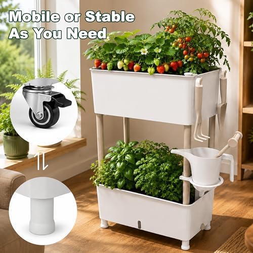 2-Tier 27.8"H Rolling Raised Garden Bed with Wheels, Self Watering Planter Box with Visible Water Level, Gray Rustproof Plastic Herb & Strawberry Planter for Indoor Outdoor Vegetables Flowers, DIY Kit