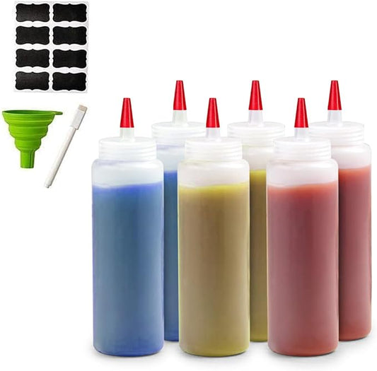Bellemain 6-Pack Condiment Squeeze Bottles for Sauces - Includes Funnel, Erasable Marker & Reusable Labels, Perfect for Salad Dressings, Liquids, and Ketchup, Durable Plastic 12 oz Bottles