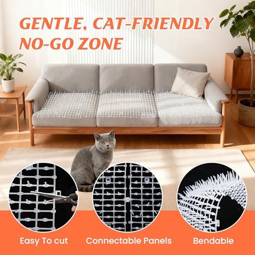 2 Pack Transparent 6.5ft Cat Scat Mat with Soft Spikes, 13ft Clear Cat Deterrent Strips for Sofa, Windowsills, Balcony & Garden, Cuttable Indoor/Outdoor Pet Repellent Mats, 78" x 11" Each