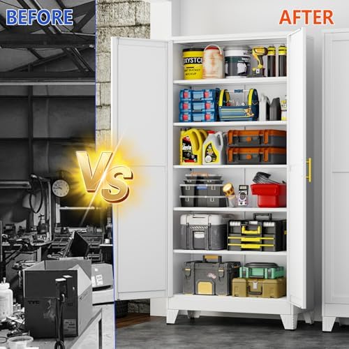 GAIOUS 75'' Tall Metal Garage Storage Cabinet,File Cabinet with 2 Doors and 5 Adjustable Shelves, Outdoor Steel Tool Cabinet for Home,Office,Warehouse,Garage,White