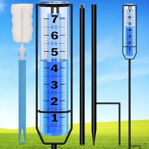 Rain Gauge Upgraded, 7" Freeze Proof Thickened Rain Gauge Outdoor Best Rated, Large Clear Numbers and Adjustable Height Rain Measuring Tool for Garden, Yard, Lawn, Patio, and Farm Use