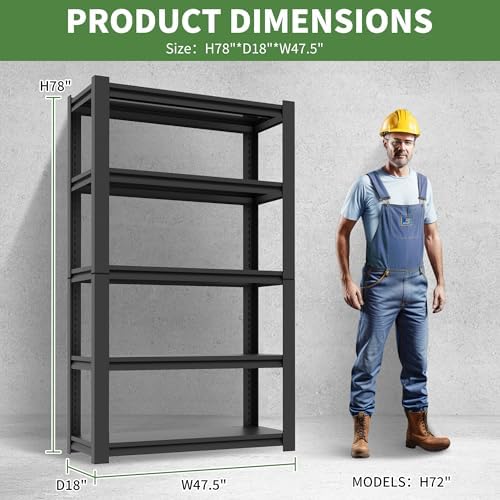 72" H Garage Shelving, Garage Shelves Heavy Duty, 5 Tier Adjustable Garage Storage Shelves for Warehouse, Basement, Workshop, Kitchen, Require Assembly, 16''D*36''W*72''H, Black
