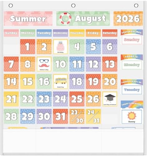 All-in-One Calendar Pocket Chart for Morning Meeting - Interactive Preschool Learning Board with Days, Dates, Months, Seasons & Weather Display (Bright Rainbow,Homeschool/Daycare)