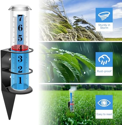 Rain Gauge Outdoor,7" Rain Gauges Outdoors Best Rated with Metal Rack Holder, Rain Measure Gauge, Easy to Read with Red Float, Large Font Plastic Replacement Tube for Yard Garden