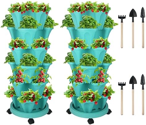 GameXcel Vertical Planter Tower - 6 Tier Stackable Garden Planters with Wheels and Tools Plant Pots for Strawberry Herb Flower and Vegetable Indoor Outdoor Use Teal 2 Pack