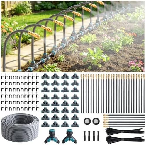 200FT 1/4" Quick-Connect Drip Irrigation System Kit, Automatic Garden Watering System with 32 Pcs Adjustable Spray Nozzles for Garden, Greenhouse, Yard, Lawn