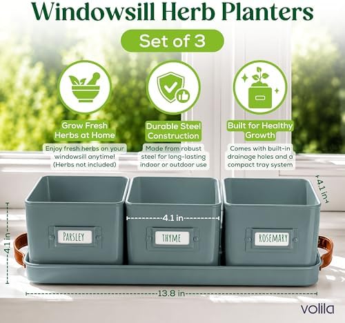 volila Herb Planter Indoor - Set of 3 Teal Blue Indoor Herb Garden Pots for Plants with Leather Handled Tray - Window Sill Plant Shelf - Herb Pots with Drainage Holes and Labels