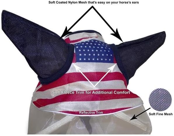 Derby Originals Horse Fly Mask with Ears and Nose Fringe, UV Blocking Fine Mesh, USA Stars and Stripes Design, 1 Year Limited Warranty