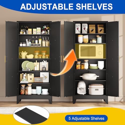 71" Metal Kitchen Pantry Storage Cabinet with 2 Doors and 4 Adjustable Shelves,Black Farmhouse Pantry Cabinet,Steel Garage Tool Cabinet Freestanding Cupboard for Kitchen,Dinning Living Room