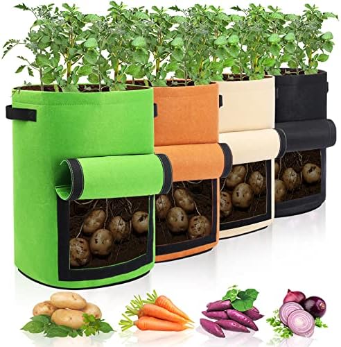 Homyhoo 4 Pack Potato Growing Bag with Flap 10 Gallon Planter Pots with Handles and Harvest Window for Potato Tomato and Vegetables, Black Green Orange and Beige