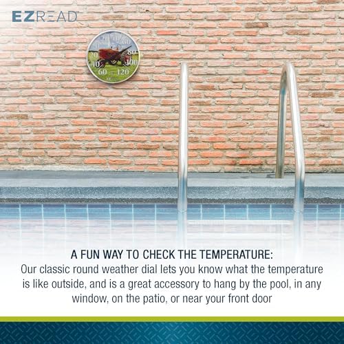 EZREAD Hanging Dial Thermometer 840-1234 Weather Thermometers for Indoor and Outdoor Use, Large 12.5 Inch Diameter, Easy to Read Numbers, Red Tractor