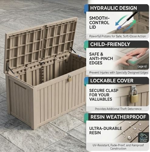 200 Gallon Deck Boxes Outdoor Waterproof, Outdoor Storage Box with Lockable Lid & UV-Resistant for Patio Furniture, Outdoor Cushion, Garden Tools and Pool Supplies, Gray