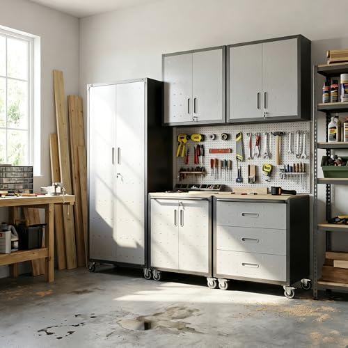 Garage Cabinet System | Heavy Duty Steel All-in-One Modular Garage Cabinet Set for Ultimate Workshop Organization | Easy Assembly Garage Storage Cabinets & Tool Bench