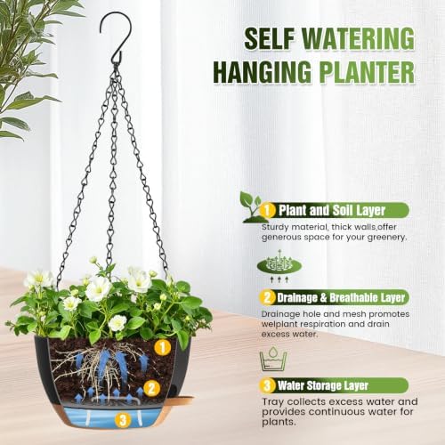 8 Inch Self Watering Hanging Planters Set of 3 with Saucers