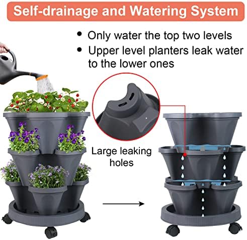GameXcel Vertical Planter Tower - 3 Tier Stackable Garden Planters with Wheels and Tools Plant Pots for Strawberry Herb Flower and Vegetable Indoor Outdoor Use Dark Gray 2 Pack