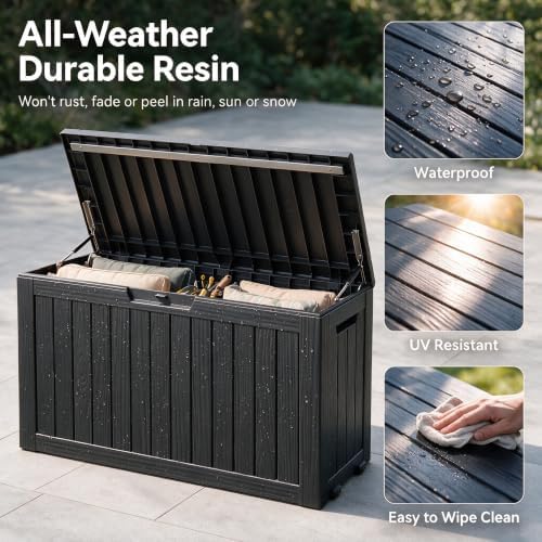 92 Gal Deck Box,Waterproof Resin Outdoor Storage Gas Lift,Lockable Black