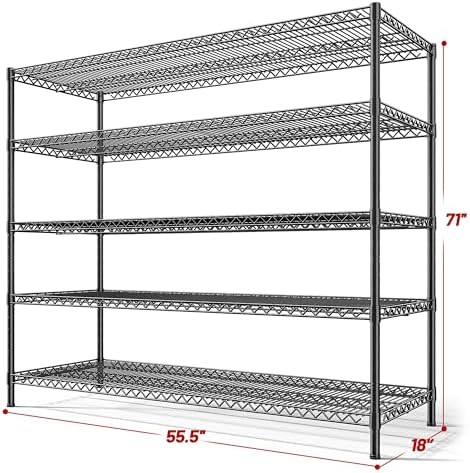 REIBII 55.5" W Storage Shelves 3200LBS Wire Shelving Unit 5 Tier Metal Shelving Heavy Duty Garage Shelving Metal Shelves for Storage Rack Adjustable Pantry Shelf, 55.5" W X 18''D X 71" H, 4PCS