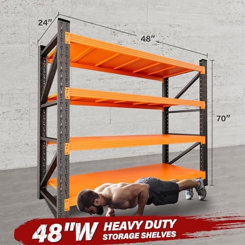48" Wide Heavy Duty Garage Shelving Units,3000LBS Deep Storage Shelves,Orange Metal Garage Shelves,Large Storage Rack,Steel Shelf,Industrial Shelving for Shop,Warehouse,Basement,48" W x 24" D x 70" H