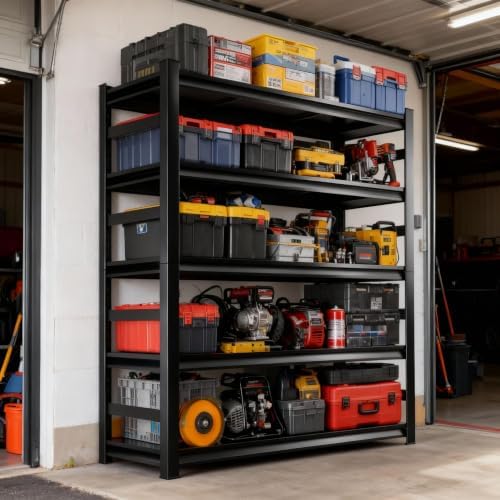 72"H Metal Garage Shelving Unit, Heavy Duty 5-Tier Adjustable Storage shelves, Steel Shelving, 3000 LBS Capacity, Industrial Shelves for Heavy Tools and Equipment, Ideal for Garage, Basement, Black