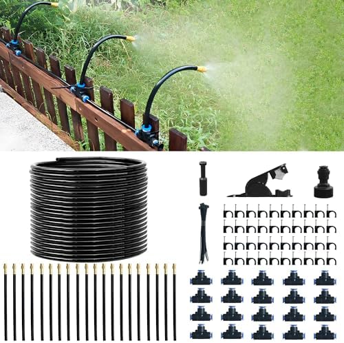 Quibbay 65.6Ft 360° Adjustable Drip Irrigation System Kit, Automatic Garden Watering System with 20 Copper Nozzles, Atomizing Misting Watering System with 360° Bending Dropper for Plant Lawn Patio