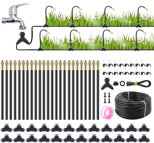 100Ft Drip Irrigation System,1/4" 360°Bendable Fast-Lock Tubing with24pcs Adjustable Misting Copper Nozzles, Automatic Leak-Resistant Watering Spray Kit for Garden,Compatible with 3/4" & 1/2" Hose