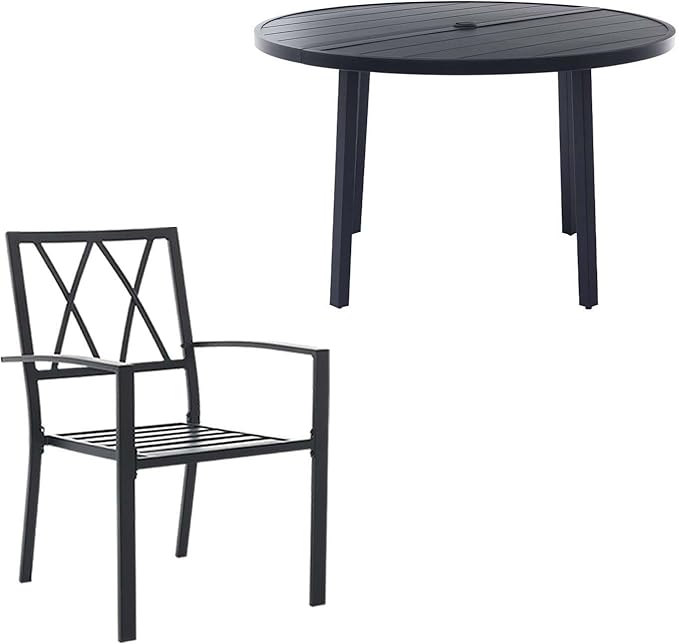 5 Piece Outdoor Dining Set, Patio Dining Set for 4, 42" Black Round Table with 4 Black Metal Outdoor Dining Chairs with Armrest for Lawn, Garden, or Porch