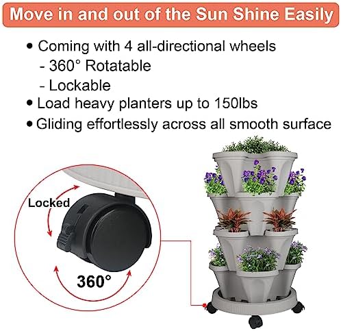 GameXcel Vertical Planter Tower - 4 Tier Stackable Garden Planters with Wheels and Tools Plant Pots for Strawberry Herb Flower and Vegetable Indoor Outdoor Use Gray