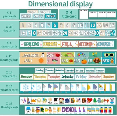 Mewise Classroom Calendar Pocket Chart for Wall, Weather Pocket Chart for Kids, Groovy Classroom Decor Set Includes 126 Cards, Hanging Display for School, Homeschool, Kindergarten, Bulletin Board (White)