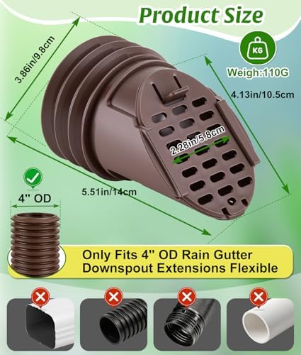 WADEO Rain Gutter Downspout Extension Hose Guard, Drain Downspout Extender Outlet Filter and Leaf Guard, for Standard 4'' Circular Threaded Hose, Brown