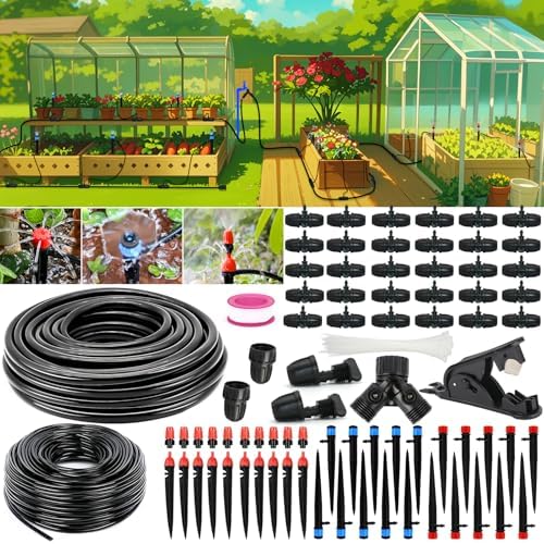 Drip Irrigation System, 213FT Drip Irrigation Kit for Garden - 50FT Main & 163FT Branch Tubing, Adjustable Nozzles for Drip or Mist Cooling, Irrigation System for Garden, Lawn, Patio, Raised Bed