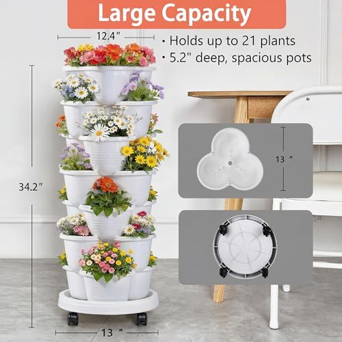 VECELO 7 Tier Vertical Garden Planter, Self Watering Stackable Planters with Wheels for Strawberries, Herbs, Flowers, Vegetables, White