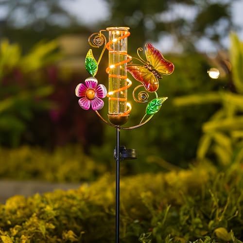 Solar Rain Gauge Outdoor, Butterfly Rain Gauges for Yard