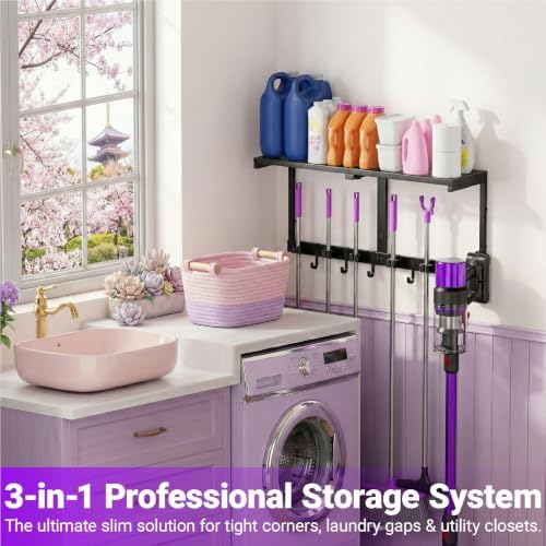 Heavy Duty Broom Holder Wall Mount, All-Metal Mop Rack with Storage Shelves