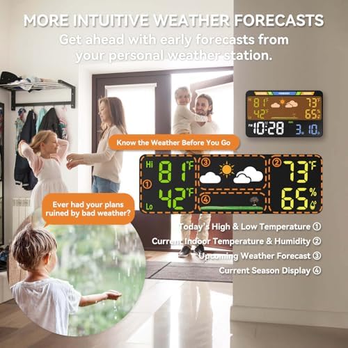 WiFi Weather Station, 8.5 Inch LED Display Indoor Outdoor Wireless Smart Weather Station with Atomic Clock, Temperature Humidity Monitor, No App Required, Browser-Based, Dual Power for Home/Office