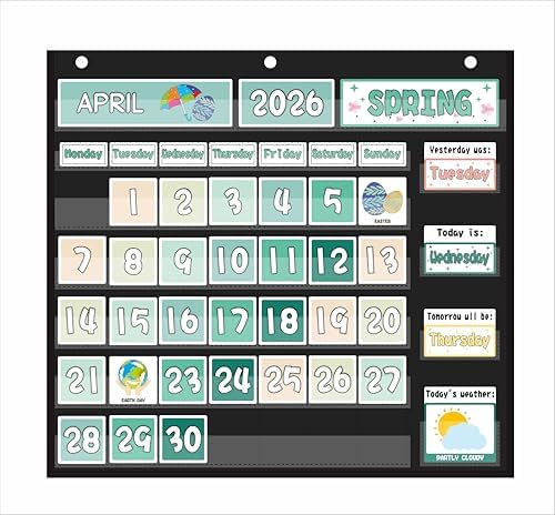 Mewise Classroom Calendar Pocket Chart and Weather Station Set - Groovy Retro Classroom Decor, 126+ Cards Bulletin Board Display for Morning Meeting, Homeschool Supplies, PreK-2nd Grade (Black)