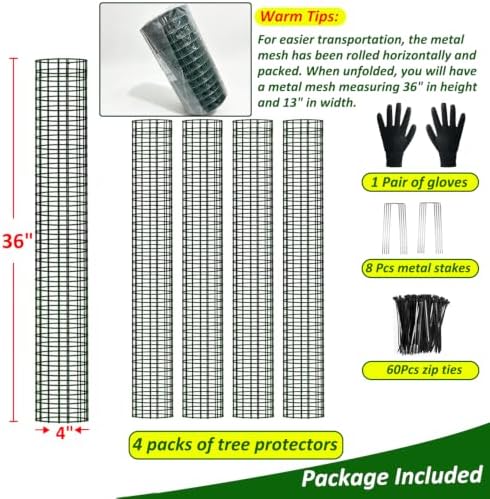 Metal Tree Trunk Protector, 4 Pack 36" Mesh Tree Guards Tree Protectors with Zip Ties, Stakes, ExpandableTree Trunk Protector Guard, Tree Protectors from Deer, Mower, Animals(36",4 Pack)