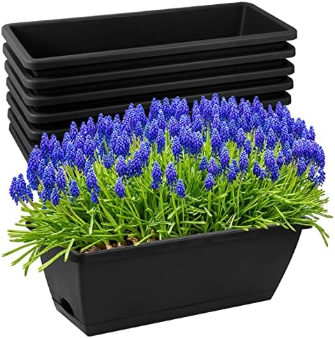 8pcs Window Box Planter,17 Inches Flower Window Boxes,Rectangle Planters Box with Drainage Holes and Trays, Plastic Vegetable Planters for Windowsill Patio Garden Home Decor Porch Yard (Black)