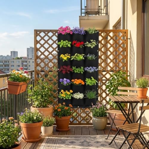 WFIST Vertical Hanging Planter Bag, Breathable Felt Wall Garden Planter with Metal Grommets, Indoor/Outdoor Space-Saving Herb & Flower Growing Pouch (18-Pocket)