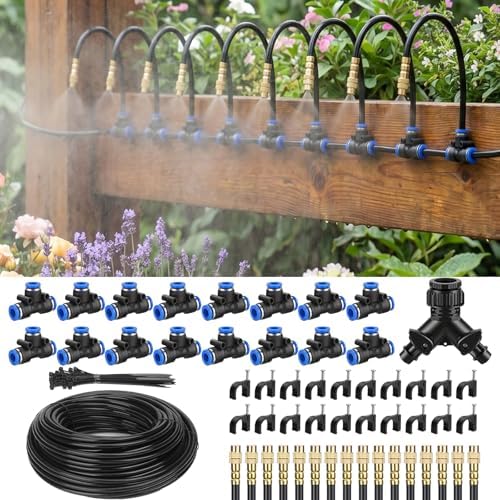 100FT Drip Irrigation System Kit, 1/4 Inch Garden Watering System with 16 Adjustable Brass Nozzles, Automatic Misting Watering Kit for Raised Beds, Greenhouse, Lawn, Patio, Yard