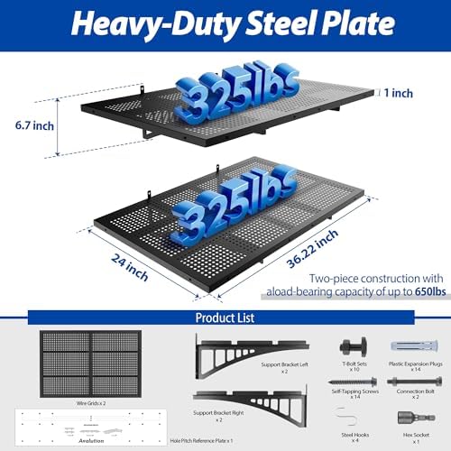 Avalution Garage Wall Shelving,2x3ft Garage Shelving Wall Mounted 2 Pack,Heavy Duty Wall Organizer Storage Shelf with Hooks,650lbs Capacity Floating Shelves for Laundry, Basement,Warehouse,Black
