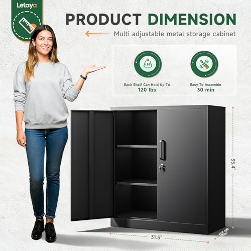 Letaya Metal Storage Cabinets with Lock, Small Locker Steel Cabinets, Adjustable Shelves 2 Doors for Home,Office, Warehouse,Garage(Black-36)