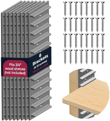Made in USA EZStudRack Adjustable Shelf Brackets, 8-Pack (4 Pairs) – Easy-to-Adjust One-Row Storage for Custom-Fit Shelves – Your Items, Your Wood, You Supply It