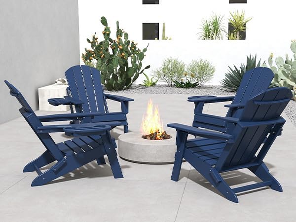 FOOWIN Folding Adjustable Adirondack Chair Set of 8,HDPE Adirondack Chair w/4 in 1 Cup Holder Trays,All-Weather Resistant Fire Pit Chair, Outdoor Chair for Patio Lawn Poolside,400lbs,Navy Blue