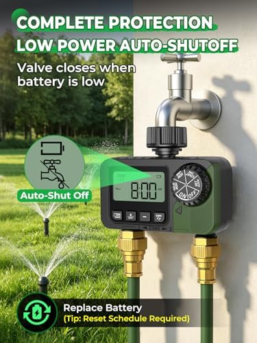Sprinkler Timer 2 Outlets, Programmable Water Hose Timer with Rain Delay/Manual/Automatic Watering System, Outdoor Digital Auto Irrigation for Garden Yard Lawn with Large Display(Black+Olive Green)
