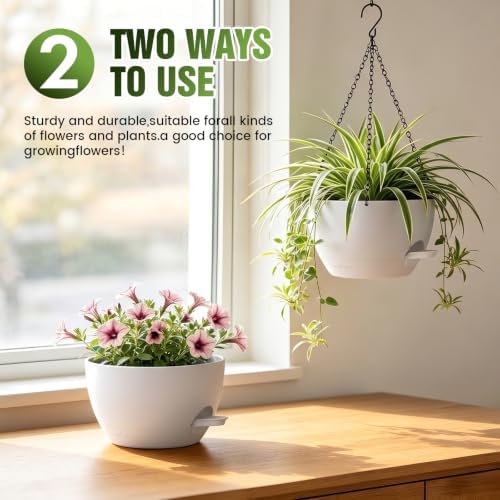 8 Inch Self Watering Hanging Planters Set of 3 with Saucers