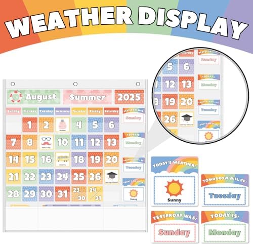 All-in-One Calendar Pocket Chart for Morning Meeting - Interactive Preschool Learning Board with Days, Dates, Months, Seasons & Weather Display (Bright Rainbow,Homeschool/Daycare)